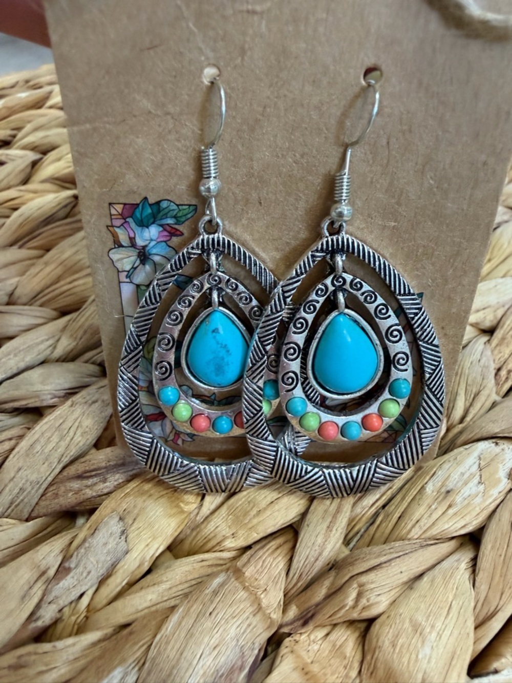 Boho Teardrop Turquoise Multicolor Stone Dangle Earrings - Picture 9 of 10